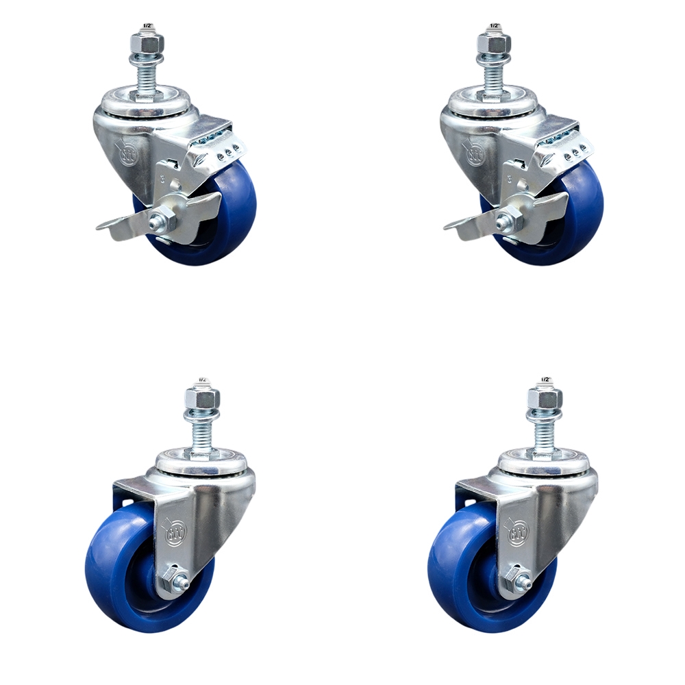 Stainless Steel Solid Polyurethane Swivel Threaded Stem Caster with 3 x 1.25 in. Blue Wheels & 0.5 in. Stems - Set of 4