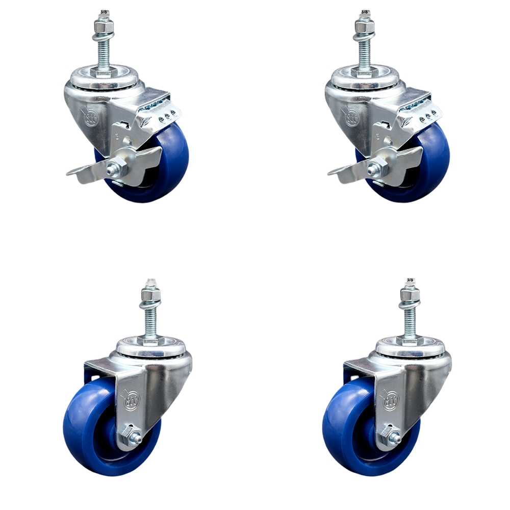 Stainless Steel Solid Polyurethane Swivel Threaded Stem Caster with 3 x 1.25 in. Blue Wheels & 0.38 in. Stems - Set of 4
