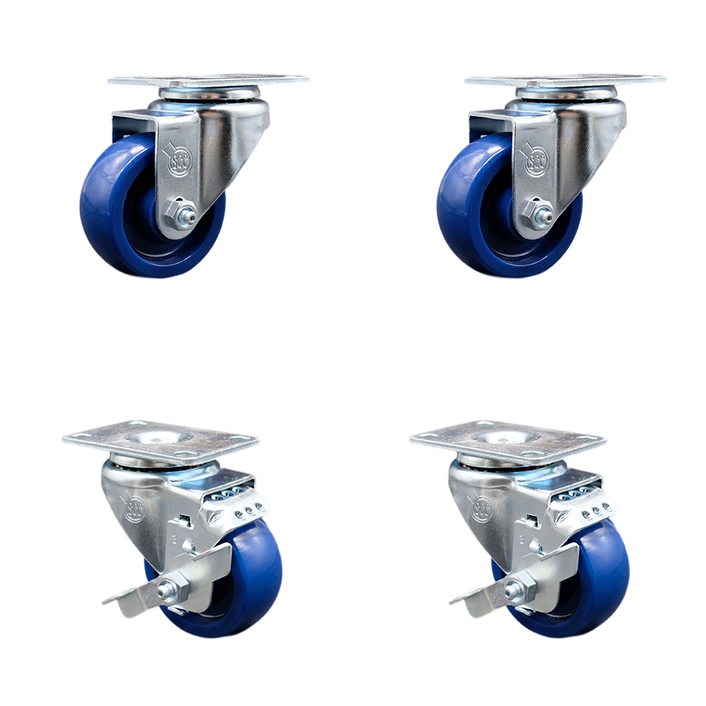 SCC-SS20S3514-SPUS-2-TLB-2 Stainless Steel Solid Polyurethane Swivel Top Plate Caster with 3.5 x 1.25 in. Blue Wheels - Set of 4
