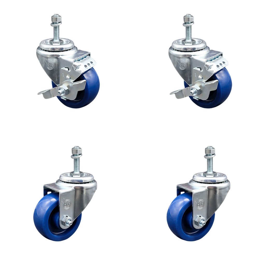 SCC-TS20S3514-SPUS-M1015-2-TLB-2 Solid Polyurethane Swivel Threaded Stem Caster with 3.5 x 1.25 in. Blue Wheels & 10 mm Stems - Set of 4