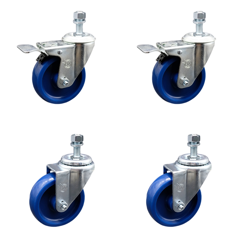 Stainless Steel Solid Polyurethane Swivel Threaded Stem Caster with 4 x 1.25 in. Blue Wheels & 0.5 in. Stems - Set of 4
