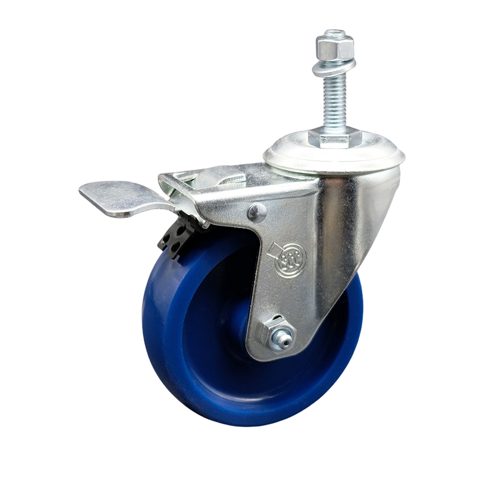 Stainless Steel Solid Polyurethane Swivel Threaded Stem Caster with 4 x 1.25 in. Blue Wheel & 0.38 in. Stem & Total Locking Brake