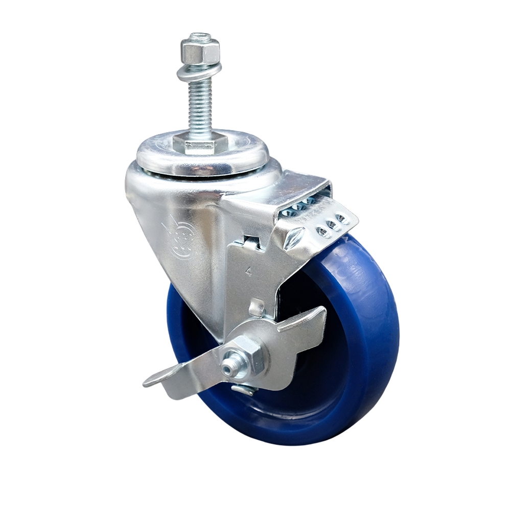 Stainless Steel Solid Polyurethane Swivel Threaded Stem Caster with 4 x 1.25 in. Blue Wheel & 10 mm Stem & Top Locking Brake