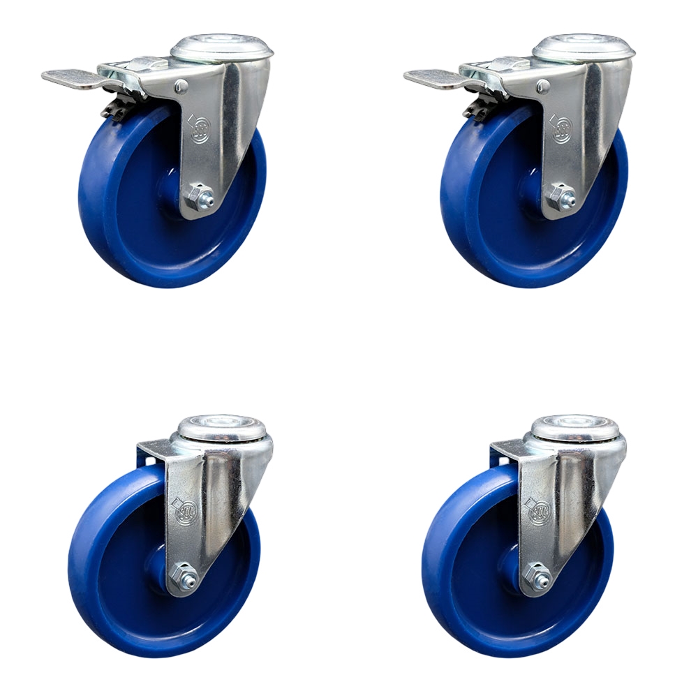 SCC-SSBHTTL20S514-SPUS-2-S-2 Stainless Steel Solid Polyurethane Swivel Bolt Hole Caster with 5 x 1.25 in. Blue Wheels - Set of 4
