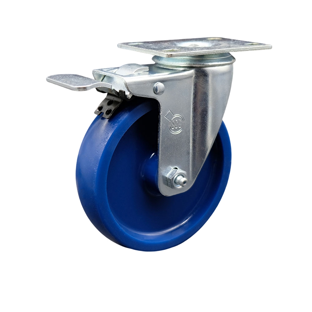 SCC-SSTTL20S514-SPUS Stainless Steel Solid Polyurethane Swivel Top Plate Caster with 5 x 1.25 in. Blue Wheel & Total Locking Brake