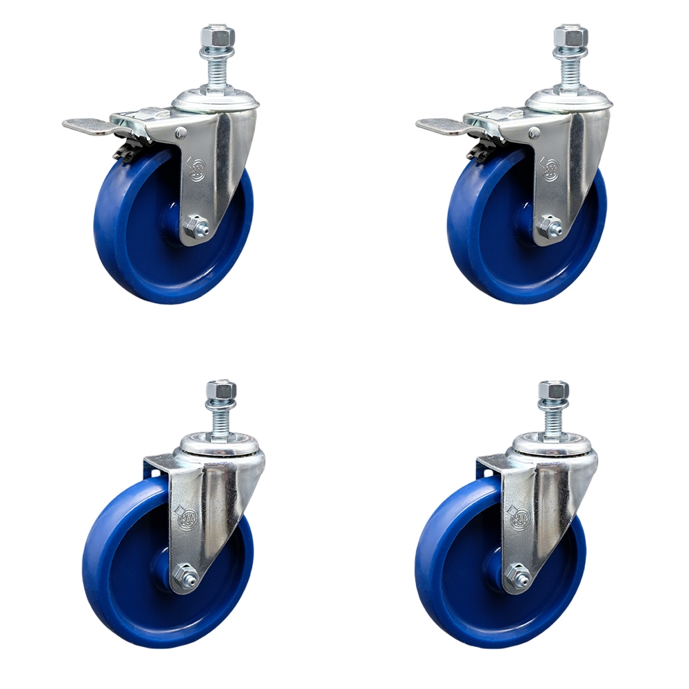 Stainless Steel Solid Polyurethane Swivel Threaded Stem Caster with 5 x 1.25 in. Blue Wheels & 0.5 in. Stems - Set of 4