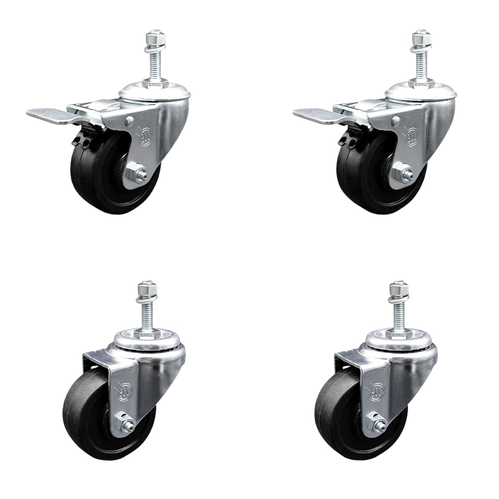 SCC-TSTTL20S314-SRS-381615-2-S-2 Soft Rubber Swivel Threaded Stem Caster with 3 x 1.25 in. Black Wheels & 0.38 in. Stems - Set of 4