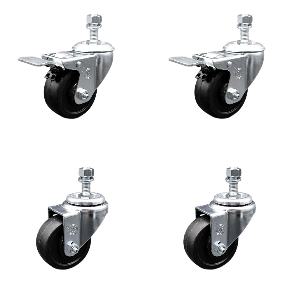 SCC-SSTSTTL20S314-SRS-121315-2-S-2 Stainless Steel Soft Rubber Swivel Threaded Stem Caster with 3 x 1.25 in. Black Wheels & 0.5 in. Stems - Set of 4