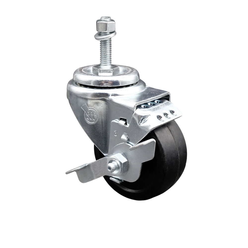Stainless Steel Soft Rubber Swivel Threaded Stem Caster with 3 x 1.25 in. Black Wheel & 0.38 in. Stem & Top Locking Brake