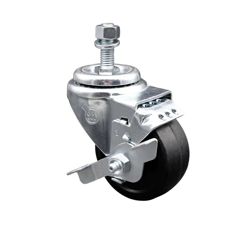 Stainless Steel Soft Rubber Swivel Threaded Stem Caster with 3.5 x 1.25 in. Black Wheel & 0.5 in. Stem & Top Locking Brake