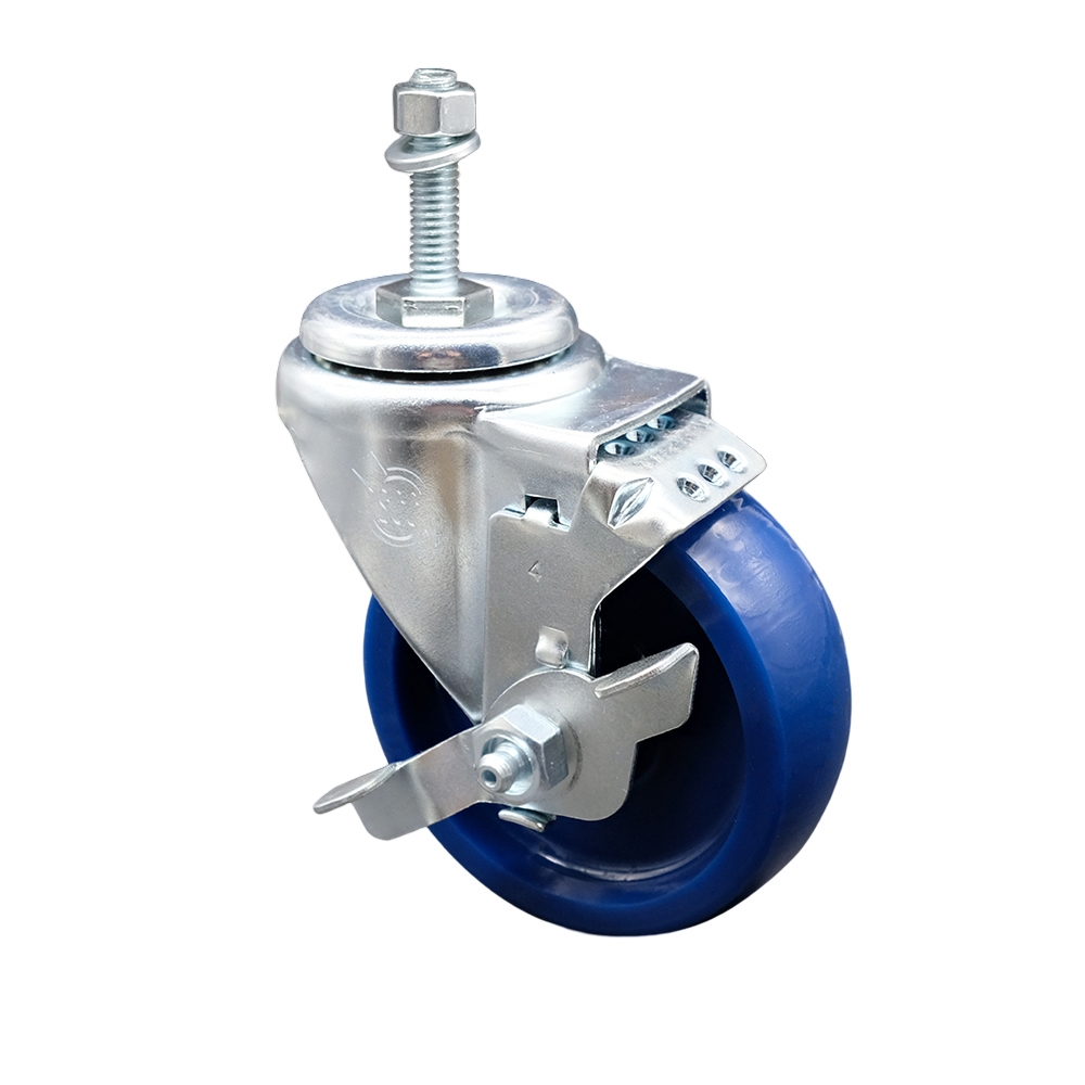 SCC-TS20S414-SPUS-TLB-381615 Solid Polyurethane Swivel Threaded Stem Caster with 4 x 1.25 in. Blue Wheel & 0.38 in. Stem & Top Locking Brake