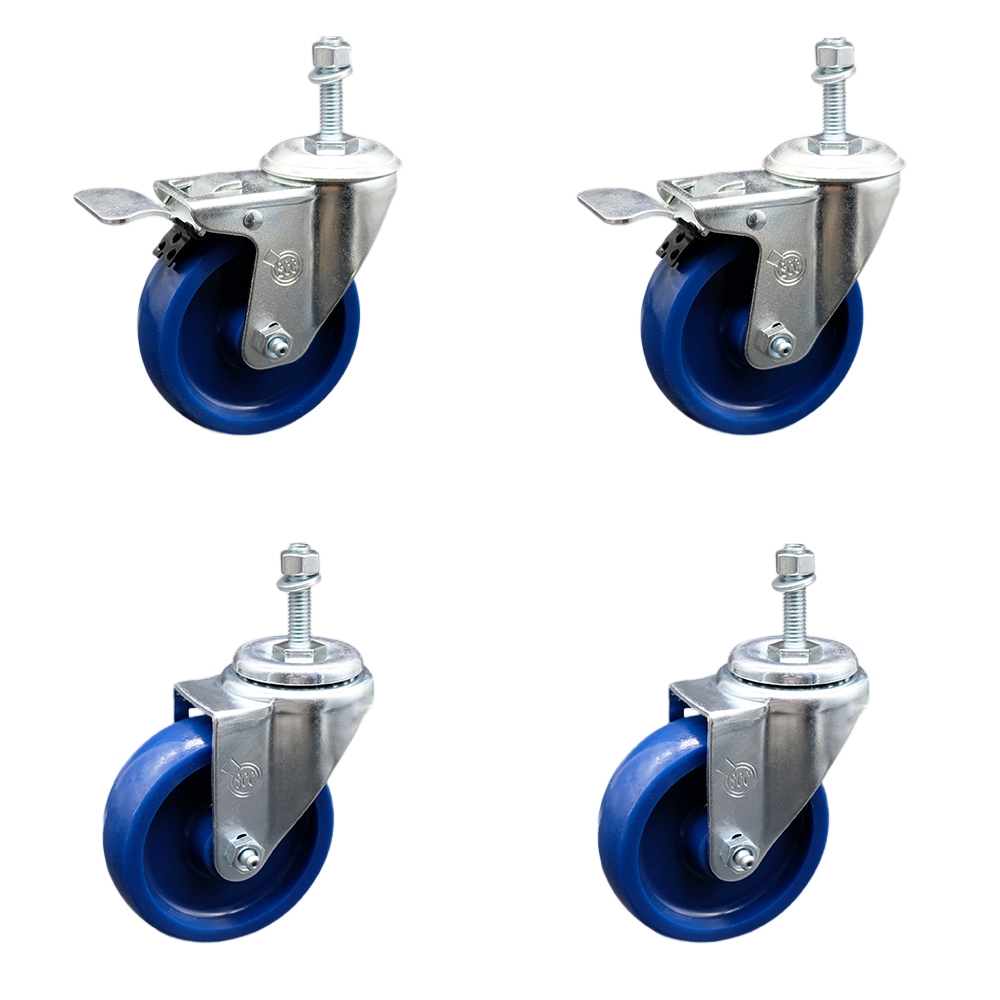 Stainless Steel Solid Polyurethane Swivel Threaded Stem Caster with 4 x 1.25 in. Blue Wheels & 0.38 in. Stems - Set of 4