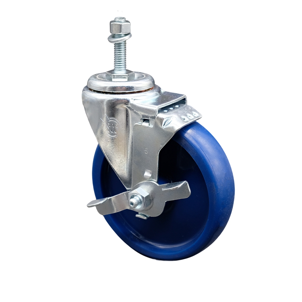 SCC-TS20S514-SPUS-TLB-381615 Solid Polyurethane Swivel Threaded Stem Caster with 5 x 1.25 in. Blue Wheel & 0.38 in. Stem & Top Locking Brake