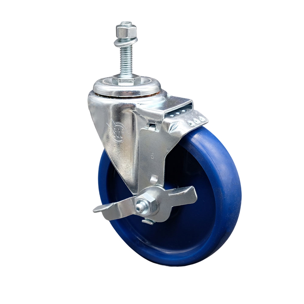 SCC-TS20S514-SPUS-TLB-M1015 Solid Polyurethane Swivel Threaded Stem Caster with 5 x 1.25 in. Blue Wheel & 10 mm Stem & Top Locking Brake