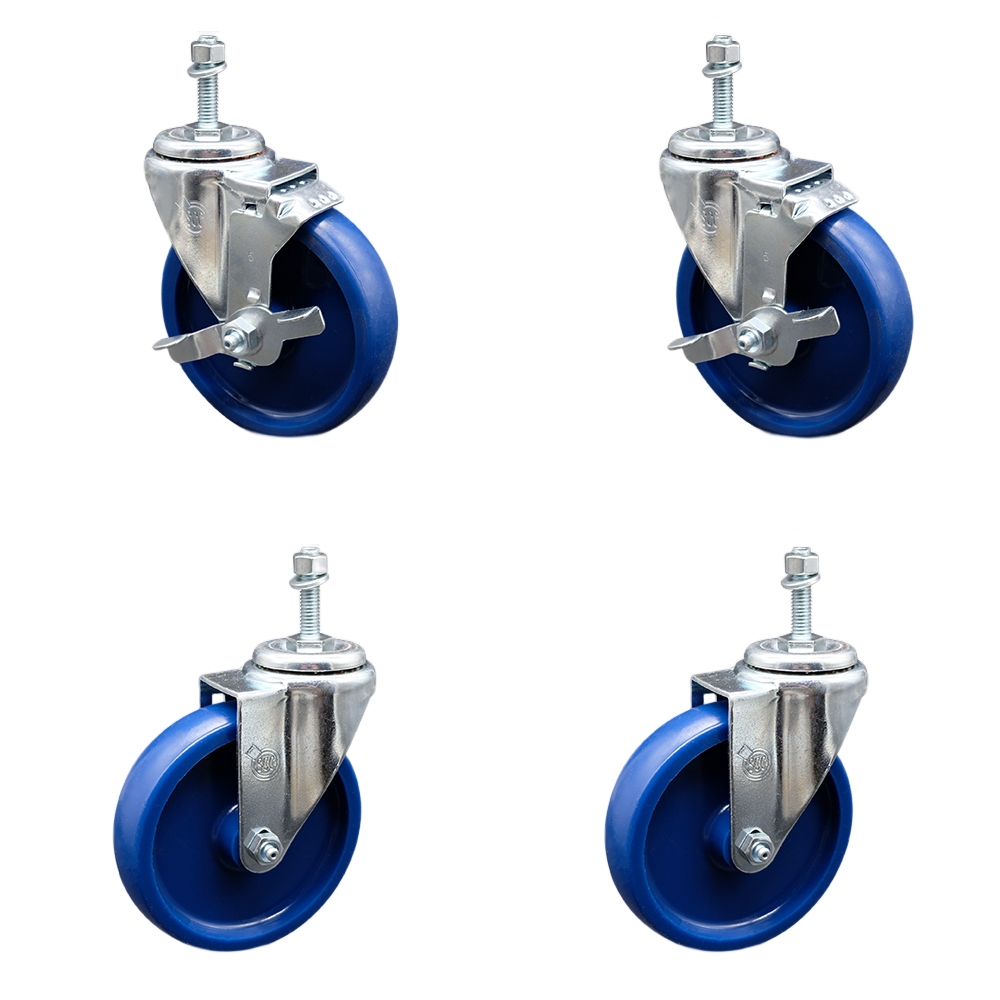 SCC-TS20S514-SPUS-M1015-2-TLB-2 Solid Polyurethane Swivel Threaded Stem Caster with 5 x 1.25 in. Blue Wheels & 10 mm Stems - Set of 4