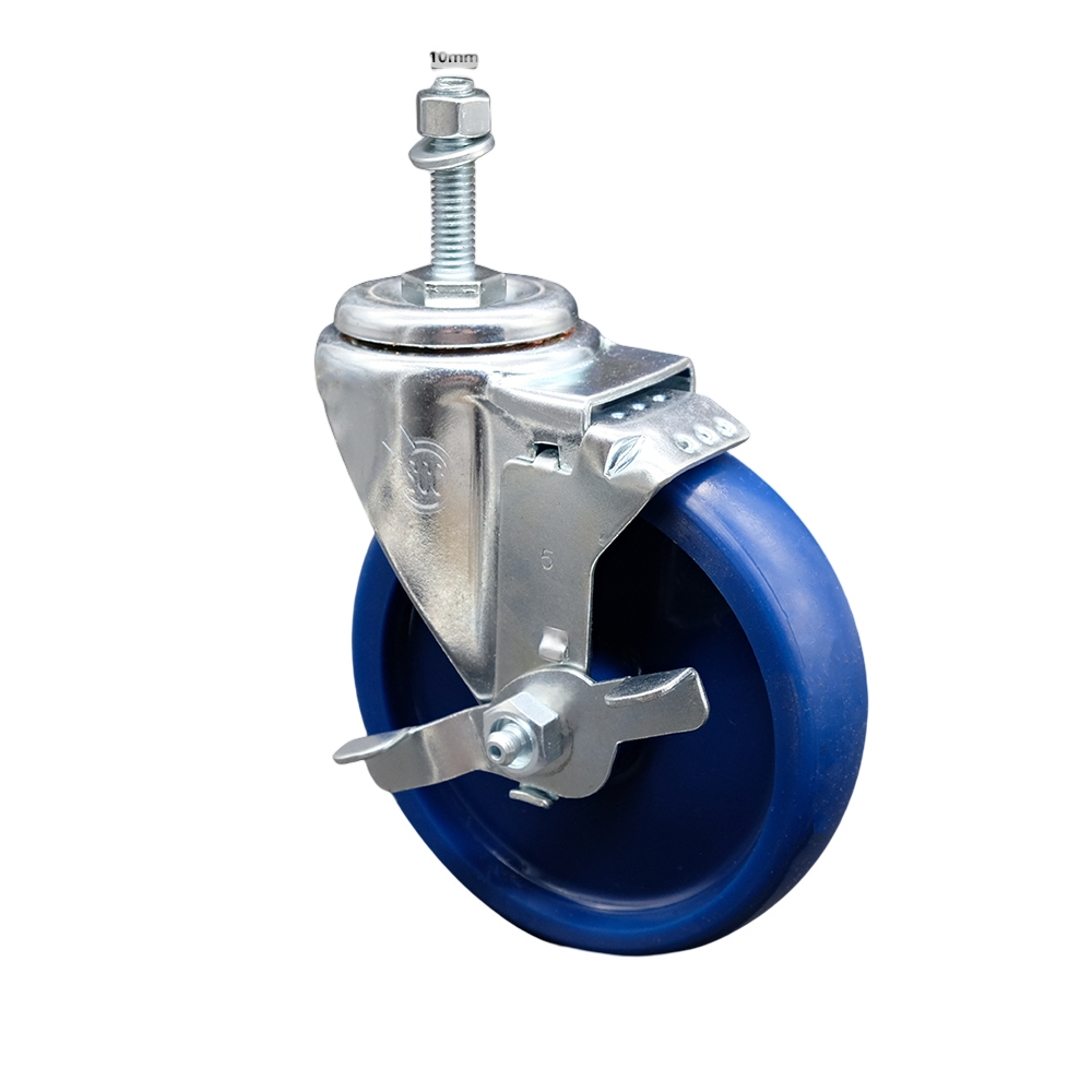 Stainless Steel Solid Polyurethane Swivel Threaded Stem Caster with 5 x 1.25 in. Blue Wheel & 10 mm Stem & Top Locking Brake