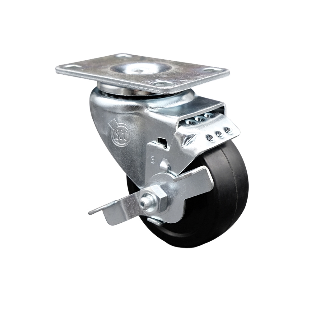 SCC-SS20S314-SRS-TLB Stainless Steel Soft Rubber Swivel Top Plate Swivel Caster with 3 x 1.25 in. Black Wheel & Top Locking Brake