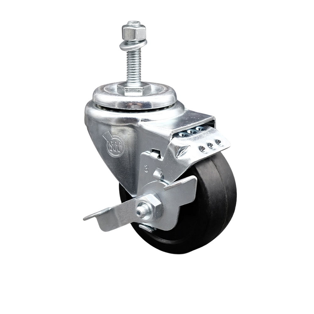 SCC-TS20S314-SRS-TLB-381615 Soft Rubber Swivel Threaded Stem Caster with 3 x 1.25 in. Black Wheel & 0.38 in. Stem & Top Locking Brake