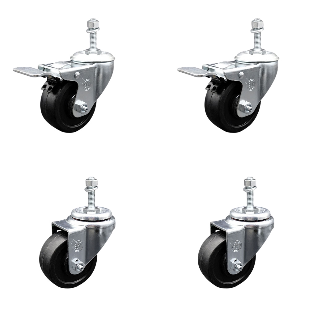 SCC-TSTTL20S314-SRS-M1015-2-S-2 Soft Rubber Swivel Threaded Stem Caster with 3 x 1.25 in. Black Wheels & 10 mm Stems - Set of 4