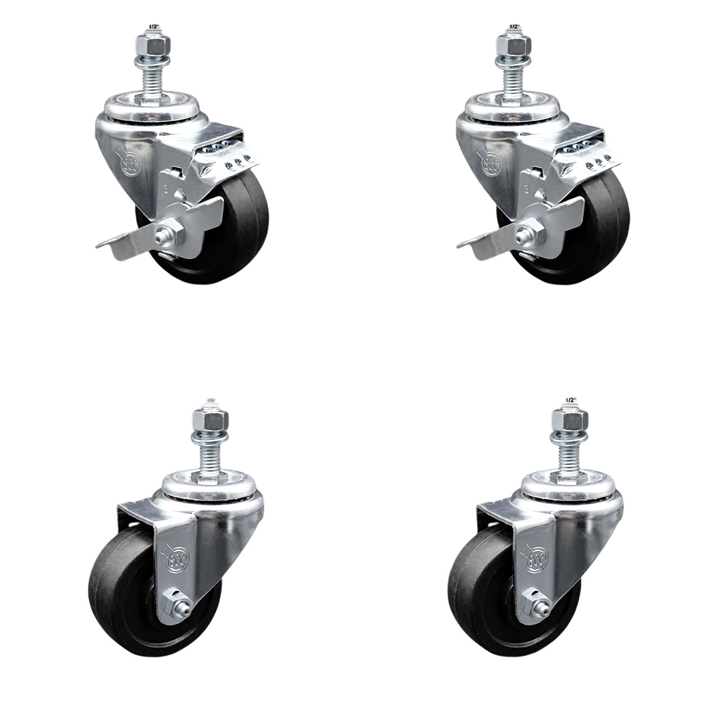SCC-SSTS20S314-SRS-121315-2-TLB-2 Stainless Steel Soft Rubber Swivel Threaded Stem Caster with 3 x 1.25 in. Black Wheels & 0.5 in. Stems - Set of 4