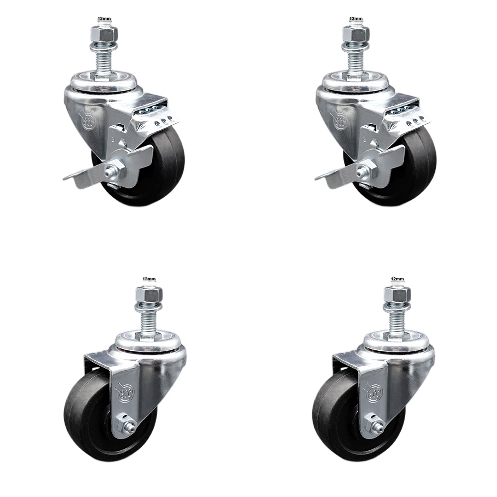 SCC-SSTS20S314-SRS-M1215-2-TLB-2 Stainless Steel Soft Rubber Swivel Threaded Stem Caster with 3 x 1.25 in. Black Wheels & 12 mm Stems - Set of 4