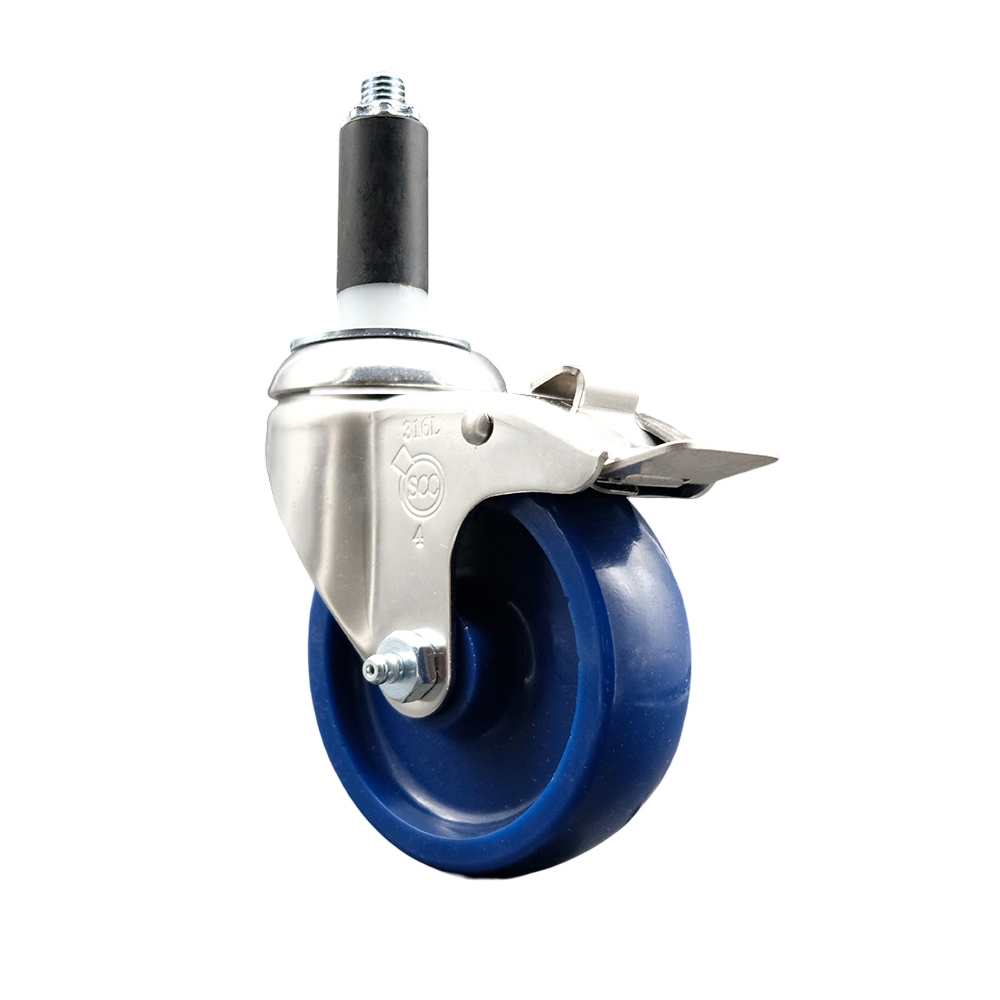 Solid Polyurethane Swivel Stem Caster with 4 in. Blue Caster Wheels & Total Lock Brake, 1.13 in. Expanding Stem - 316 Stainless Steel Caster