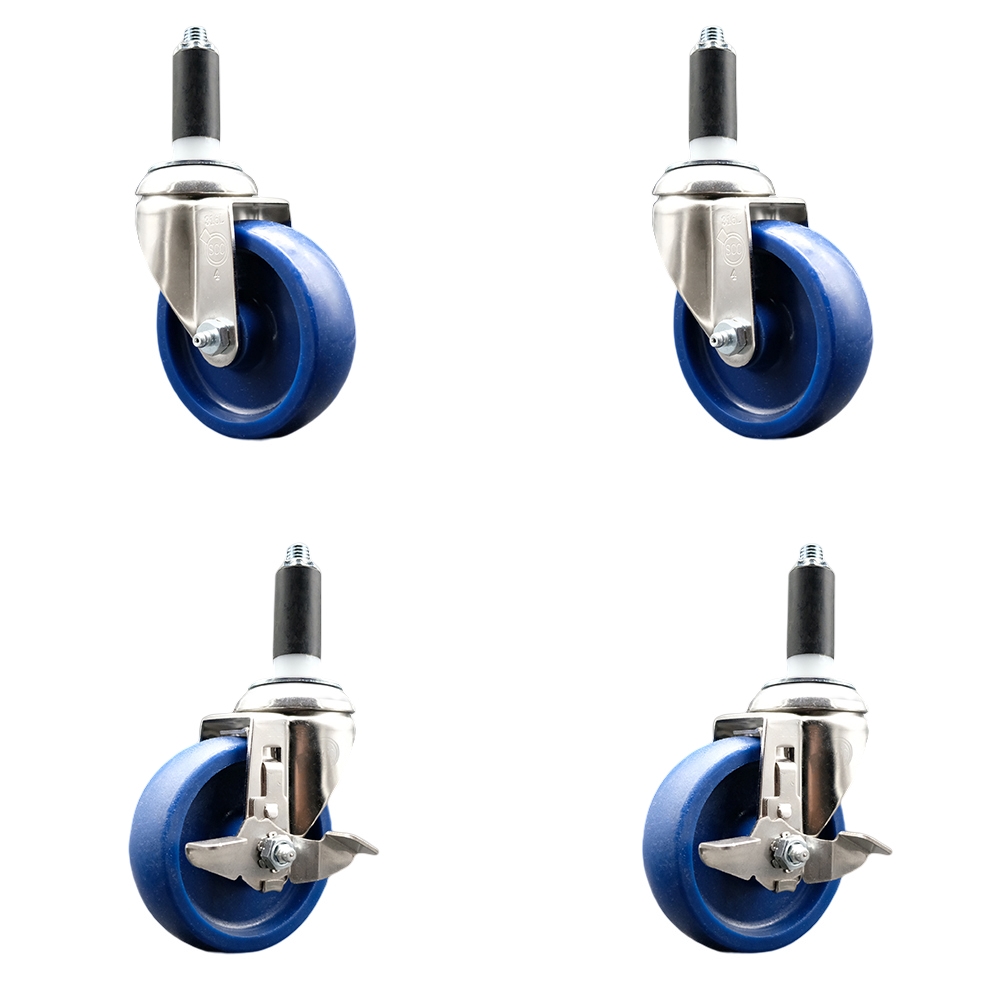 Solid Poly Swivel Stem Caster with 4 in. Blue Caster Wheels, 1.13 in. Expanding Stems - 316 Stainless Steel Casters - Set of 4