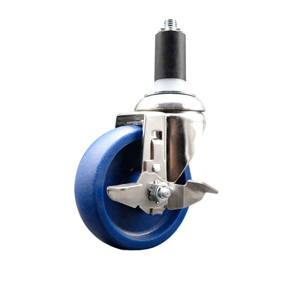Solid Polyurethane Swivel Stem Caster with 4 in. Blue Caster Wheels & Top Lock Brake, 1.25 in. Expanding Stem - 316 Stainless Steel Caster