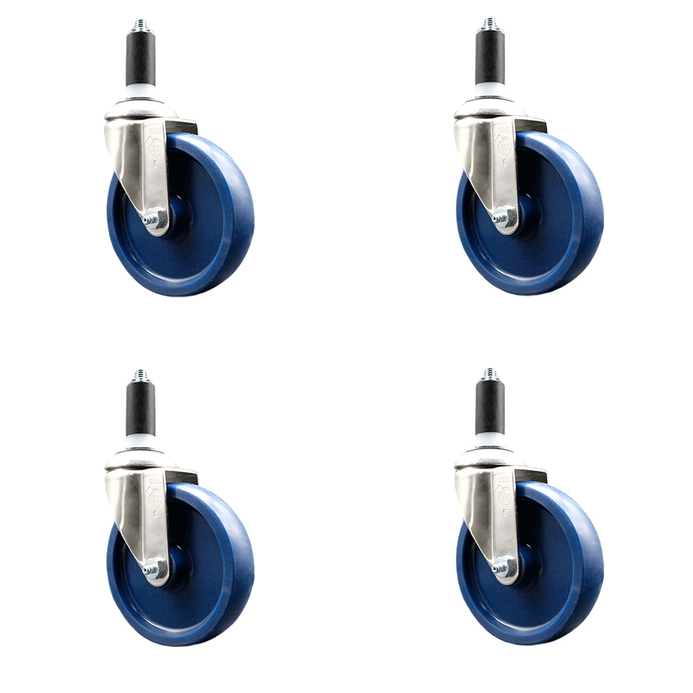 Solid Polyurethane Swivel Stem Caster with 5 in. Blue Caster Wheels, 1.25 in. Expanding Stems - 316 Stainless Steel Casters - Set of 4