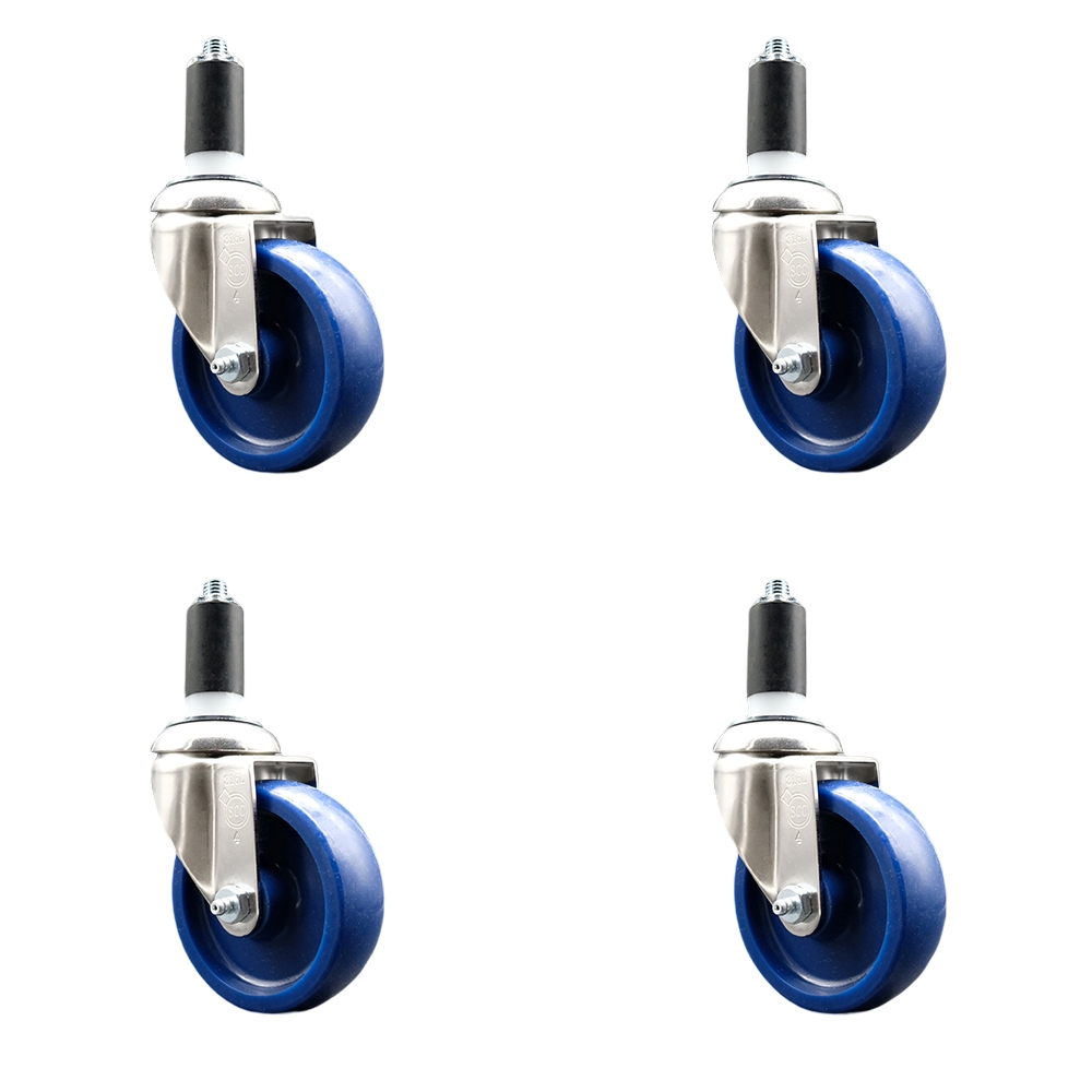Solid Polyurethane Swivel Stem Caster with 4 in. Blue Caster Wheels, 1.38 in. Expanding Stems - 316 Stainless Steel Casters - Set of 4