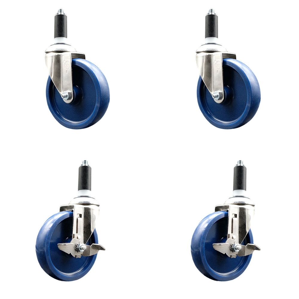 Solid Poly Swivel Stem Caster with 5 in. Blue Caster Wheels, 1.38 in. Expanding Stems - 316 Stainless Steel Casters - Set of 4