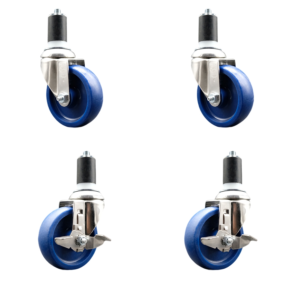 Solid Poly Swivel Stem Caster with 4 in. Blue Caster Wheels, 1.5 in. Expanding Stems - 316 Stainless Steel Casters - Set of 4