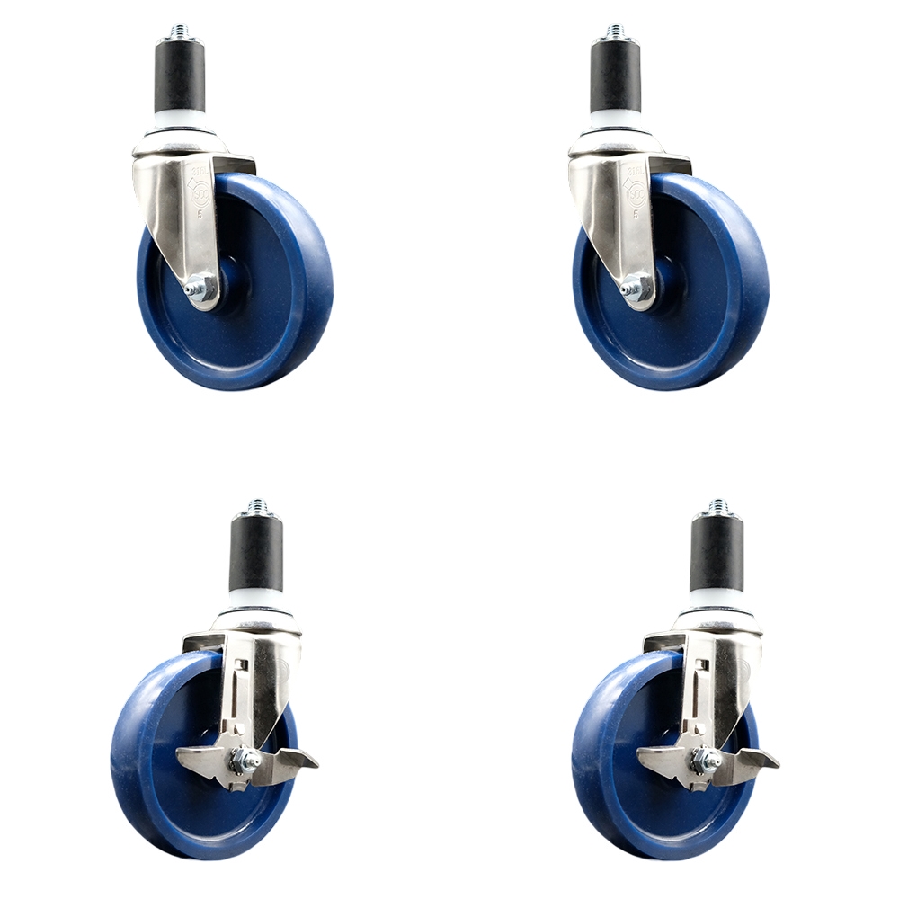 Solid Poly Swivel Stem Caster with 5 in. Blue Caster Wheels, 1.5 in. Expanding Stems - 316 Stainless Steel Casters - Set of 4