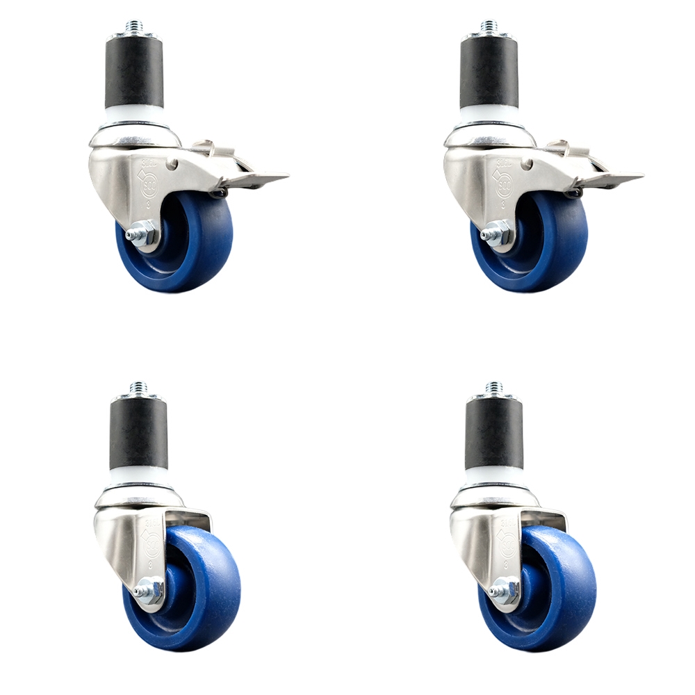 Solid Poly Swivel Stem Caster with 3.5 in. Blue Caster Wheels, 1.75 in. Expanding Stem - 316 Stainless Steel Casters - Set of 4