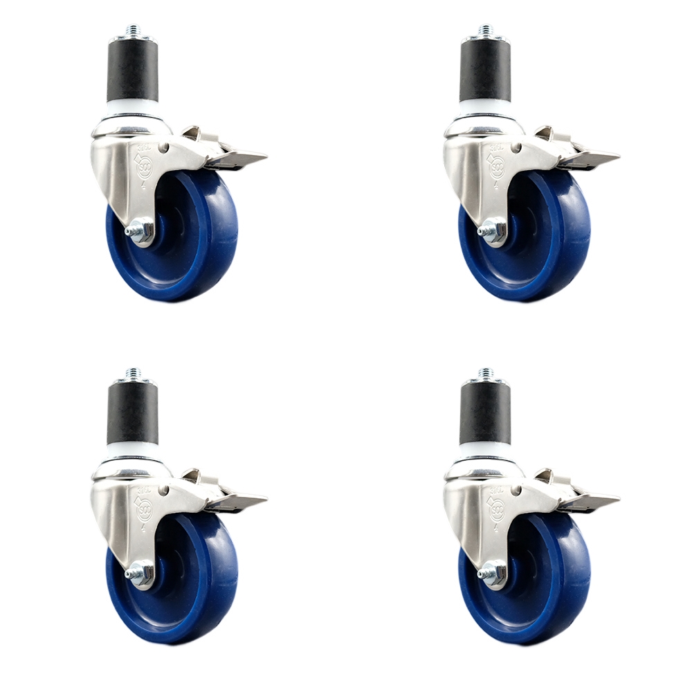 Solid Polyurethane Swivel Stem Caster with 4 in. Blue Caster Wheels, 1.75 in. Expanding Stems - 316 Stainless Steel Casters - Set of 4