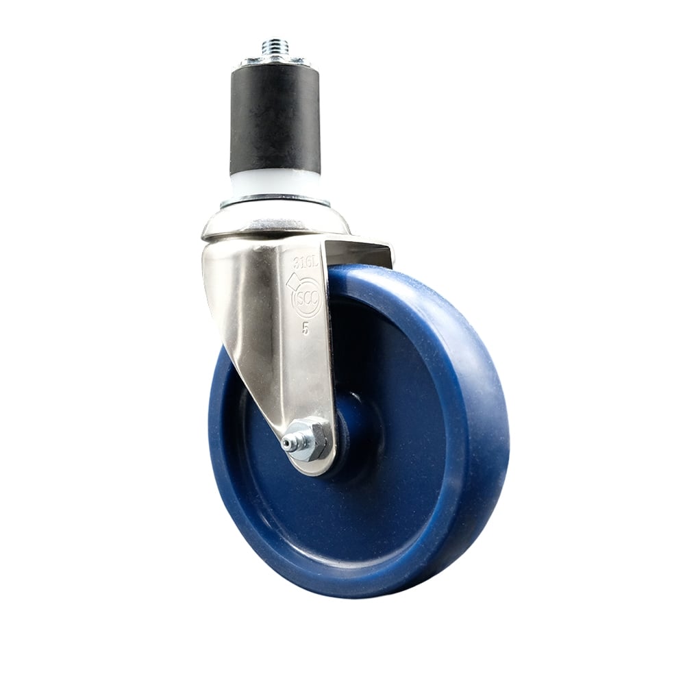 Solid Polyurethane Swivel Stem Caster with 5 in. Blue Caster Wheels, 1.75 in. Expanding Stem - 316 Stainless Steel Caster