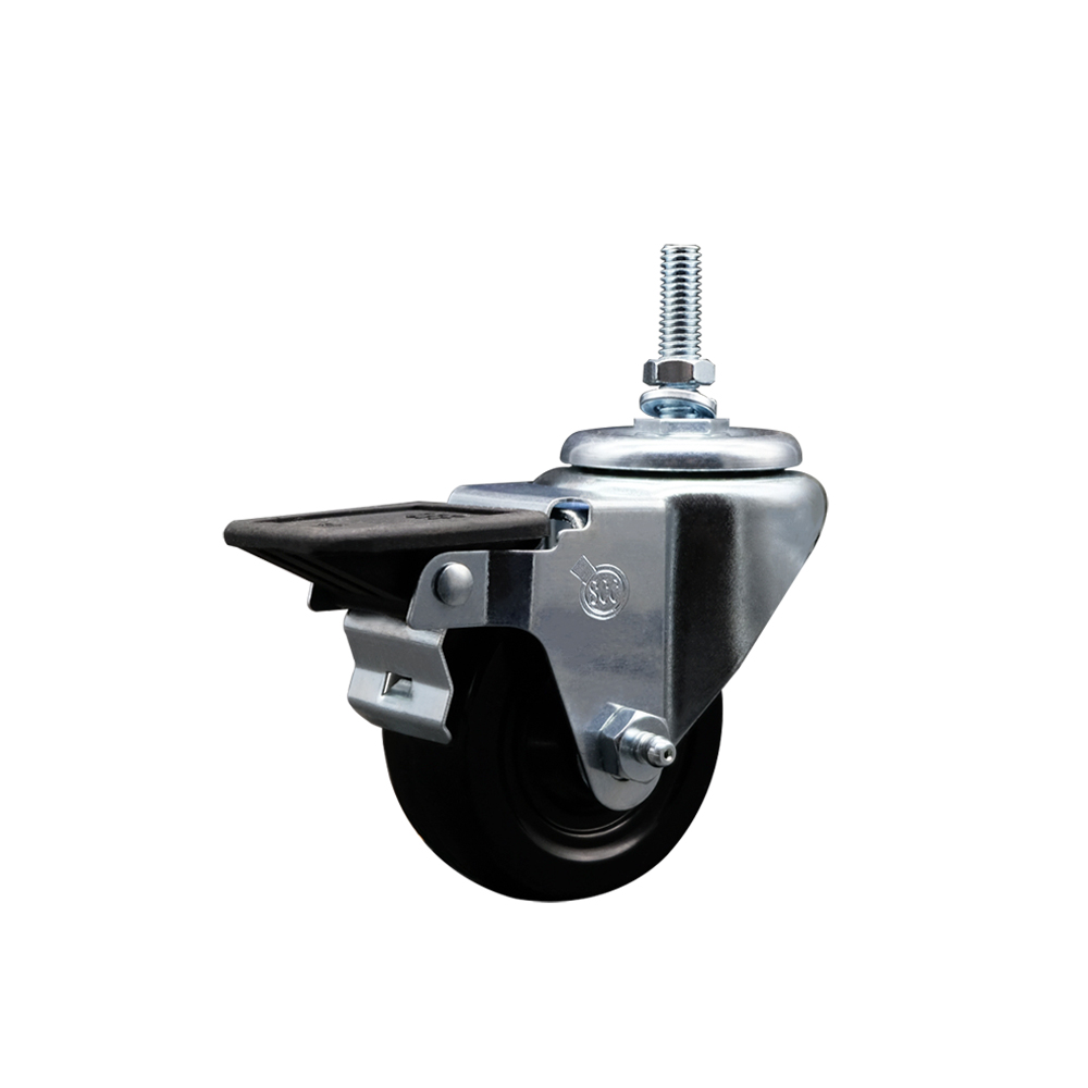 SCC-TS20S314-HRS-PLB-M1215 Hard Rubber Swivel Threaded Stem Caster with 3 x 1.25 in. Black Wheel & 12 mm Stem & Posi Locking Brake