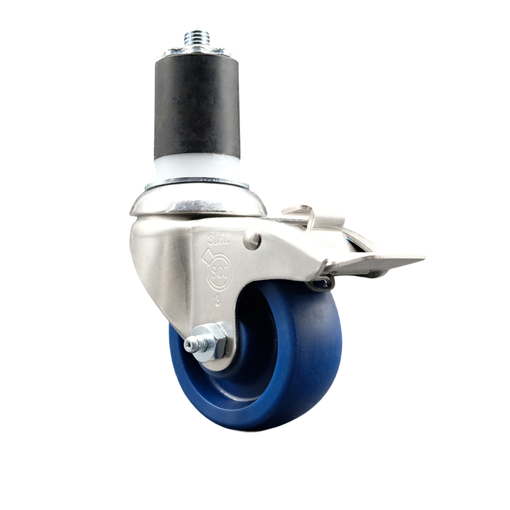 Solid Polyurethane Swivel Stem Caster with 3 in. Blue Caster Wheels & Total Lock Brake, 1.87 in. Expanding Stem - 316 Stainless Steel Caster