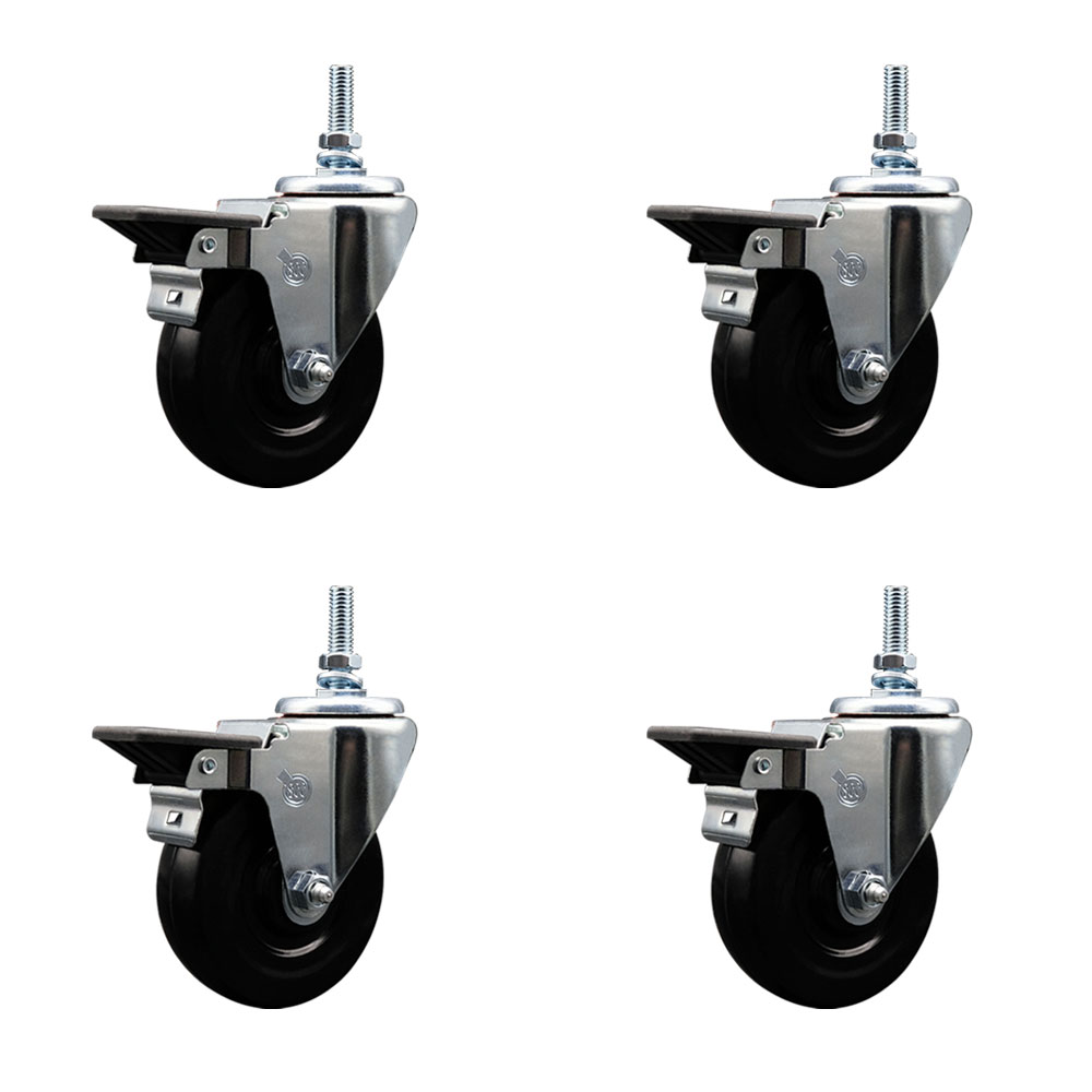SCC-TS20S414-HRS-PLB-M1215-4 Hard Rubber Swivel Threaded Stem Caster with 4 x 1.25 in. Black Wheels & 12 mm Stems - Set of 4