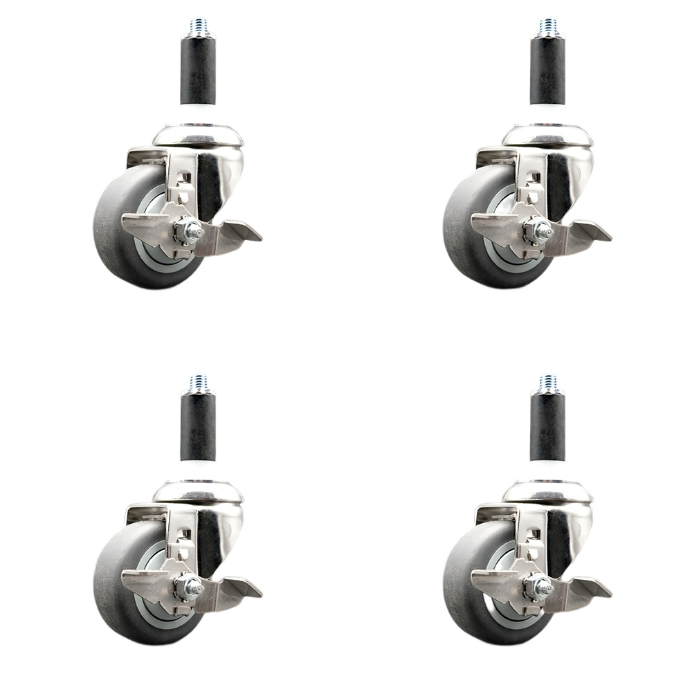 Thermoplastic Rubber Swivel Stem Caster with 3 in. Caster Wheels, 1 in. Expanding Stems - 316 Stainless Steel Casters - Set of 4