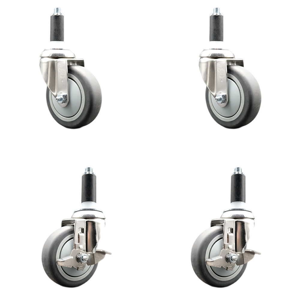 Thermoplastic Rubber Swivel Stem Caster with 4 in. Caster Wheels, 1 in. Expanding Stems - 316 Stainless Steel Casters - Set of 4