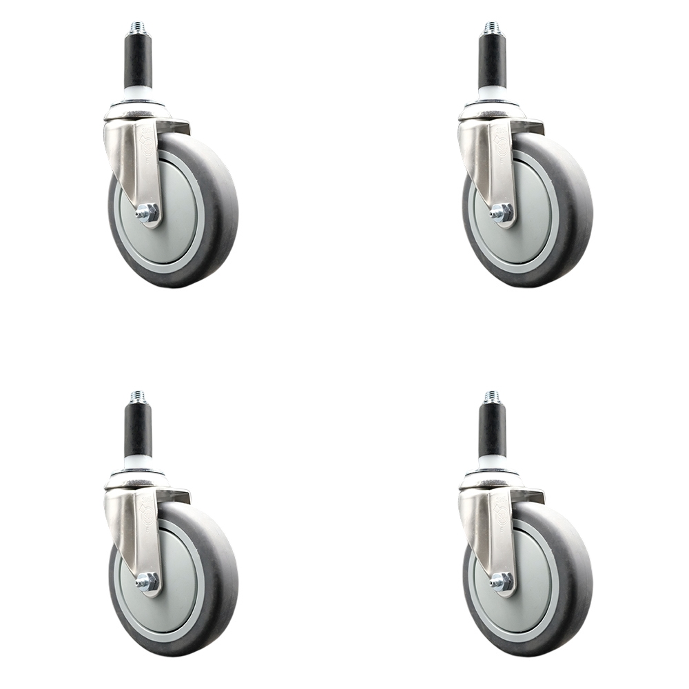 Thermoplastic Rubber Swivel Stem Caster with 5 in. Gray Caster Wheels, 1.13 in. Expanding Stems - 316 Stainless Steel Casters - Set of 4