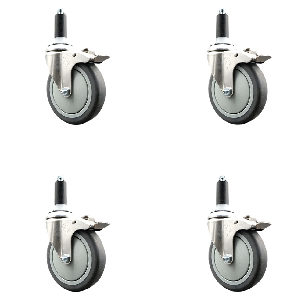 Thermoplastic Rubber Swivel Stem Caster with 5 in. Caster Wheels, 1.13 in. Expanding Stems - 316 Stainless Steel Casters - Set of 4