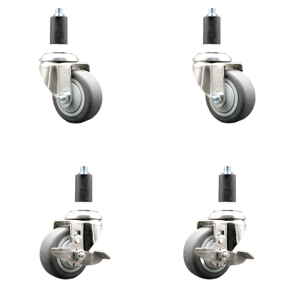 Thermoplastic Rubber Swivel Stem Caster with 3 in. Caster Wheels, 1.25 in. Expanding Stems - 316 Stainless Steel Casters - Set of 4
