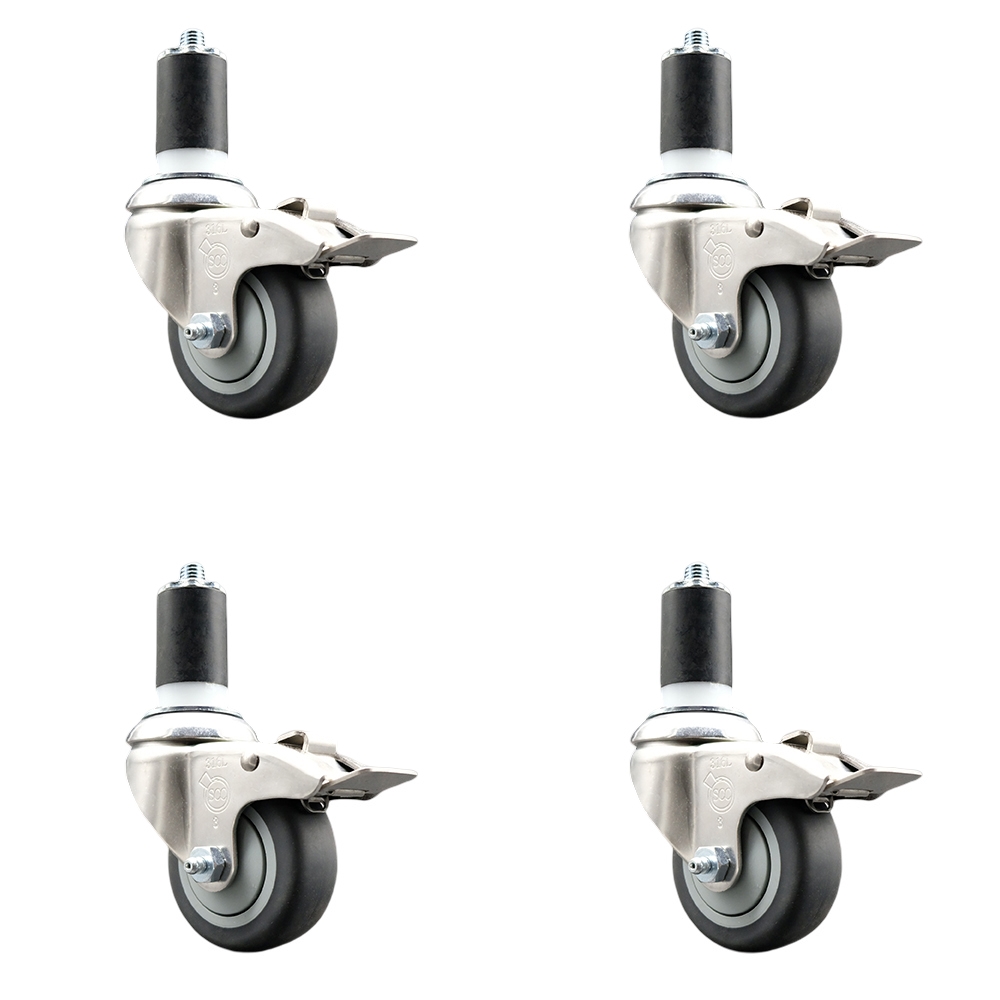 Thermoplastic Rubber Swivel Stem Caster with 3 in. Caster Wheels, 1.5 in. Expanding Stems - 316 Stainless Steel Casters - Set of 4