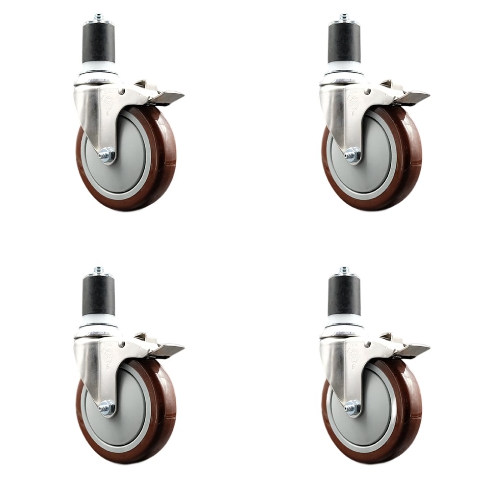 Polyurethane Swivel Stem Caster with 5 in. Maroon Caster Wheels, 1.75 in. Expanding Stems - 316 Stainless Steel Casters - Set of 4