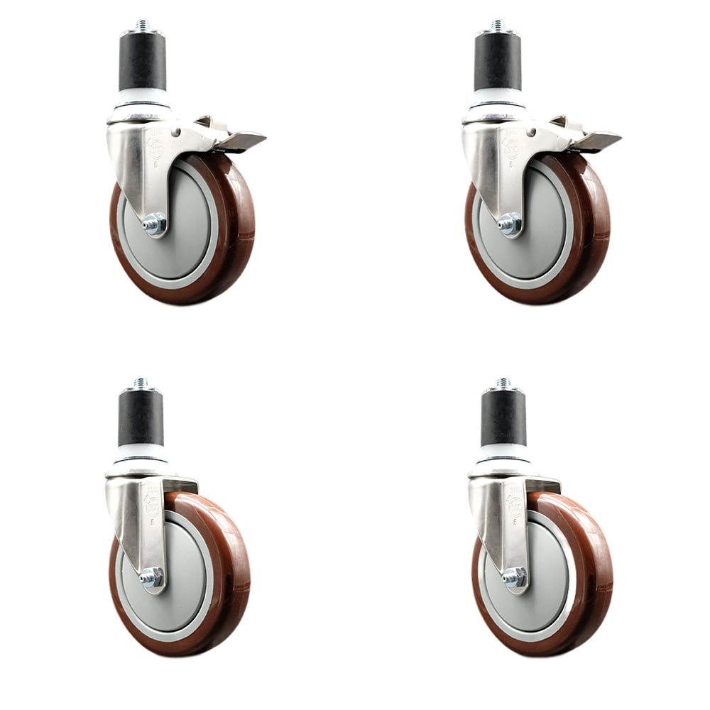 Polyurethane Swivel Stem Caster with 5 in. Maroon Caster Wheels, 1.75 in. Expanding Stem - 316 Stainless Steel Casters - Set of 4