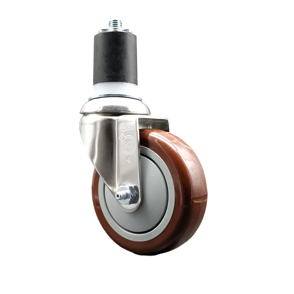 Polyurethane Swivel Stem Caster with 4 in. Maroon Caster Wheels, 1.87 in. Expanding Stem - 316 Stainless Steel Caster