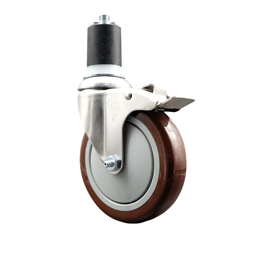 Polyurethane Swivel Stem Caster with 5 in. Maroon Caster Wheels & Total Lock Brake, 1.87 in. Expanding Stem - 316 Stainless Steel Caster