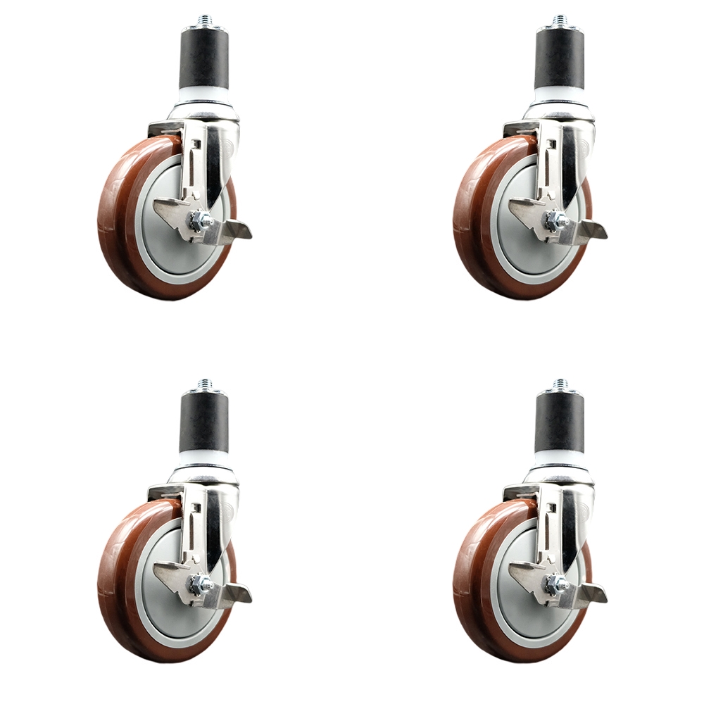 Polyurethane Swivel Stem Caster with 5 in. Maroon Caster Wheels, 1.87 in. Expanding Stems - 316 Stainless Steel Casters - Set of 4